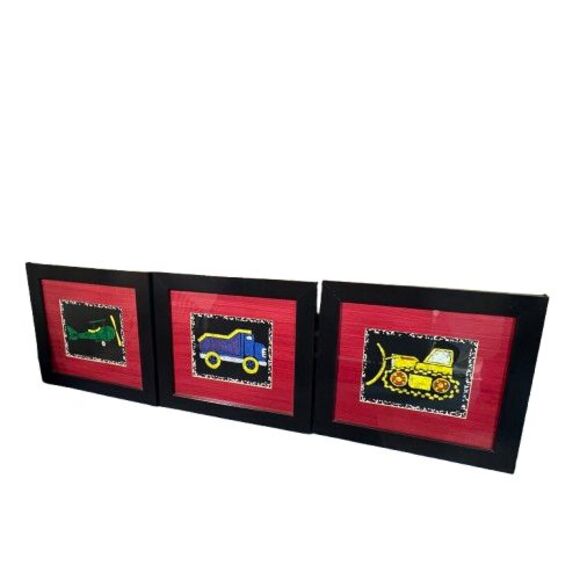 Handmade Other - Dump Truck Airplane & Bulldozer Framed Pictures Set of 3 Signed by Riki